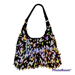 Unbranded black satin shoulder bag with beads